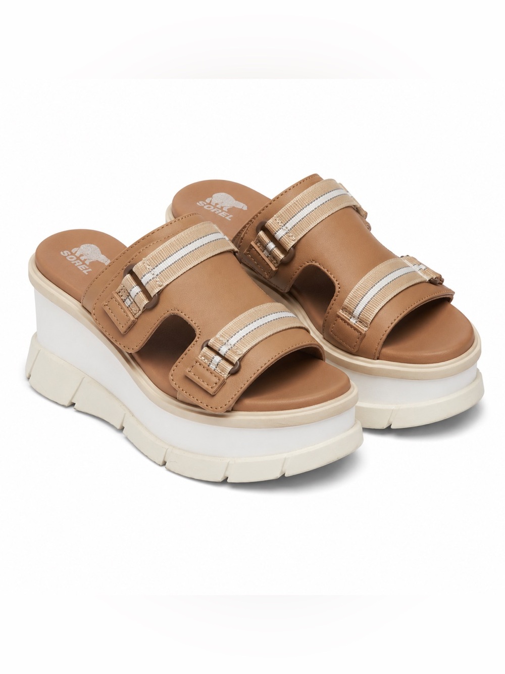 Sorel Beige Platform Slide Sandals with Double Buckles